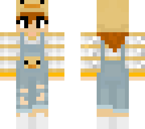 brown-haired girl in duck overalls