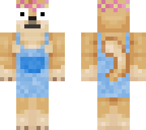 female doge with dungaree shorts
