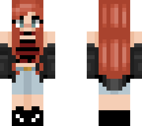 girl in a black jacket, red and black striped shirt, and shorts read description