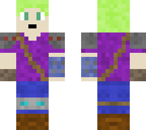 green hair purple shirt armored