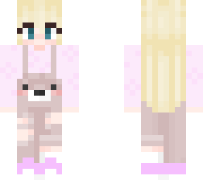blonde girl in bear overalls