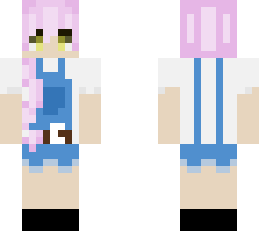 pink haired girl in overalls