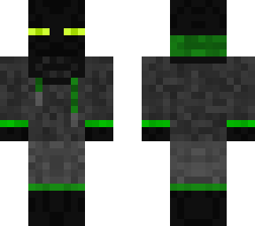 an enderman wearing a green huddie with green eyes