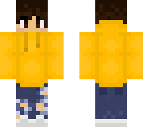 yellow/orange hoodie and ripped jeans (someone do better hair pls)