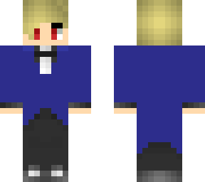 blonde boy with red eyes in blue tux