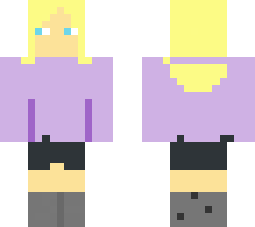 blonde girl with blue eyes and purple shirt