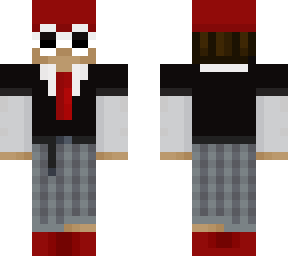 red hat and clout goggle brown hair suit