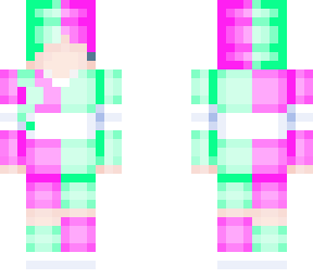girl skin with pink and green hair, shorts and sweater.