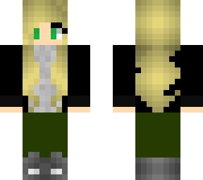 blonde in a black denim jacket and grey camo shirt with olive jeans