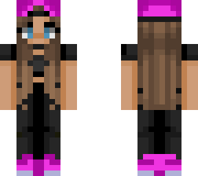 purple and black outfit. brown hair blue eyes