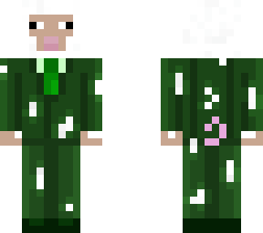 a sheep in a green tuxedo with a pig tail