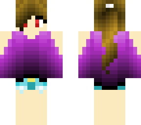girl with red eyes, brown hair, purple shirt, shorts