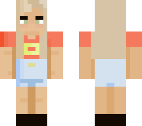 blonde hair and light red shirt with yellow logo, light washed jean shorts