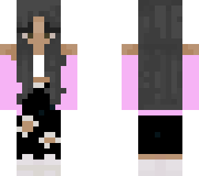 cute girl w/ pink jacket, white tube top and black ripped jeans, black hair