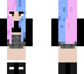 cute half and half hair pink and blue, dark plaid skirt black crop