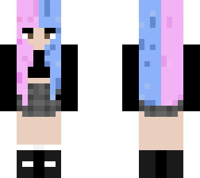 cute half and half hair pink and blue, dark plaid skirt black crop