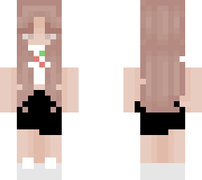 white crop cherry shirt with black shorts, brown hair