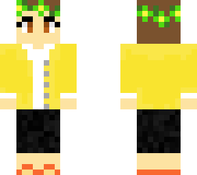 girl with green flower crown yellow cardigan and black shorts and thongs