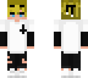blue eyes and blonde hair white and black shirt