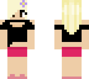 blonde girl with black crop and hot-pink skirt