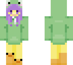 duck in a frog onesie but with purple hair (?)