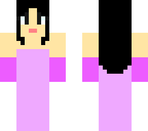 black haired girl in purple dress with dark pink gloves