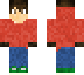 boy with red hoodie, brown hair, and green shoes