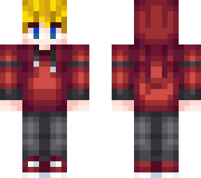 red hoodie with blond hair