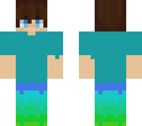 brown haired boy wearing blue and aqua swimsuit