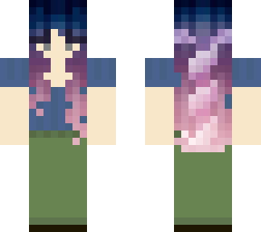 girl purple hair green pants blue shirt