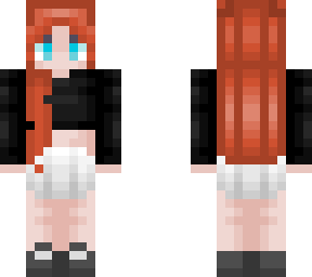 red hair and black crop top and white skirt