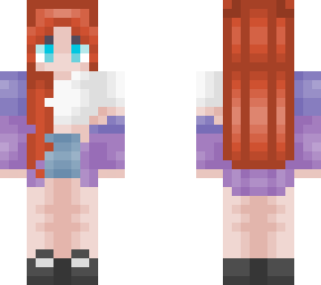 red hair and purple jacket, white t-shirt and shorts