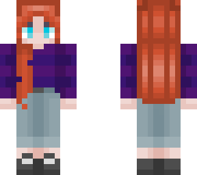 red hair and purple striped jumper and jeans