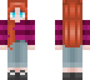 red hair and wine red striped jumper and jeans