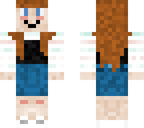 white girl - brown hair, green, white and pink shirt with black vest and skirt