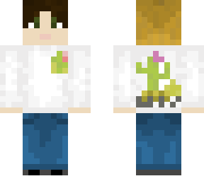yellow beane w/ white cactus shirt short hair