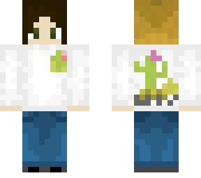 yellow beane w/ white cactus shirt short hair
