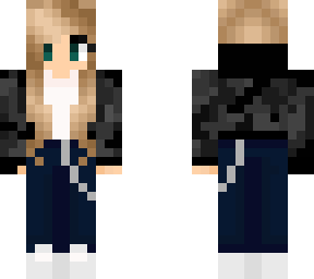 girl with black gray jacket and blue jeans