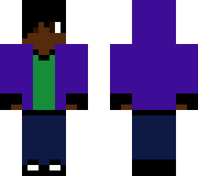 purple jacket with hood up and green shirt