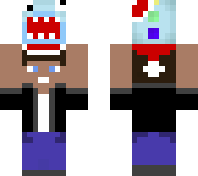 a man holding a shark head whilst wearing christmas hat!