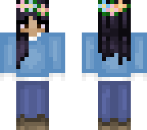 blue shirt; white collar shirt; jeans; brown skin; black hair; flower crow