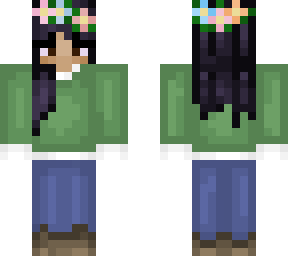 green shirt; white collar shirt; jeans; brown skin; black hair; flower crow