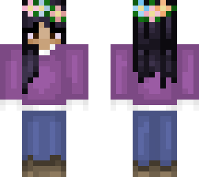 purple shirt; white collar shirt; jeans; brown skin; black hair; flower crow