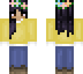 yellow shirt; white collar shirt; jeans; brown skin; black hair; flower crow