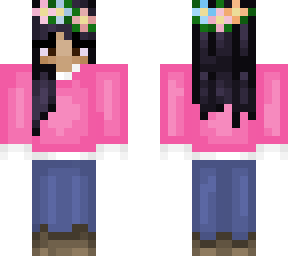 pink shirt; white collar shirt; jeans; brown skin; black hair; flower crow