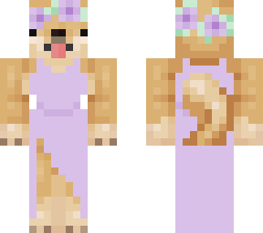 doge in a dress with a flower crown