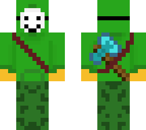 dream with smily face mask, green hoodie, and diamond axe