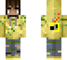 girl with moobloom hoodie and grey/yellow parrot head on back