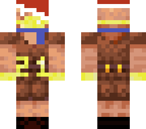 piglin with  gold mask, gold gloves, blue scarf, santa hat, and brown jersey