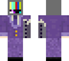 purple suit, glitch tv head, cyborg arm